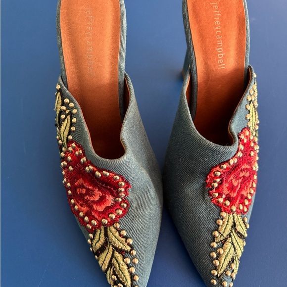 Anthropologie Jeffrey Campbell Women's Embroidered Denim Mules - Red and Gold - Picture 1 of 6